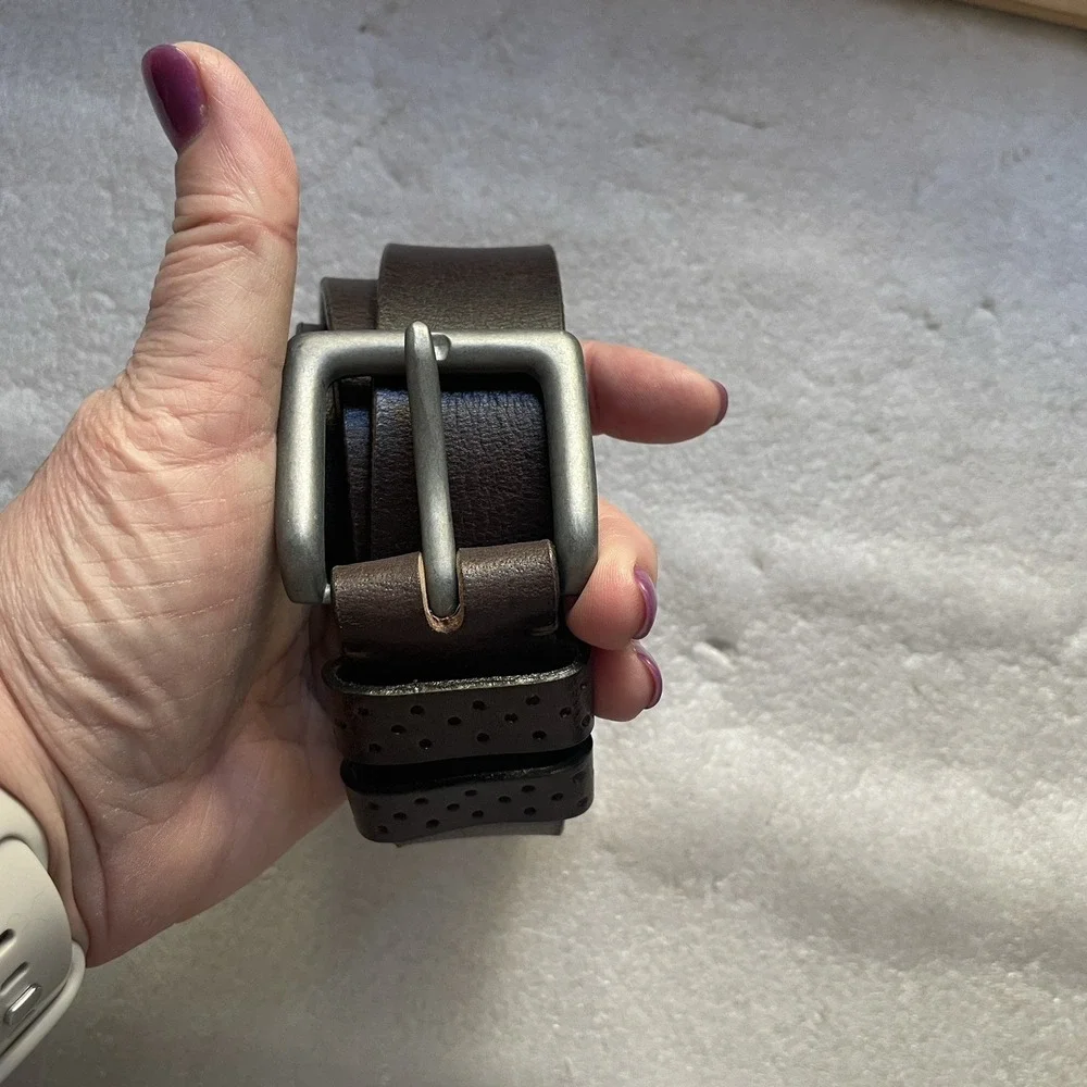 Brown Leather Belt Men 42 Brushed Metal Buckle Dual Perforated Keepers Rugged‎